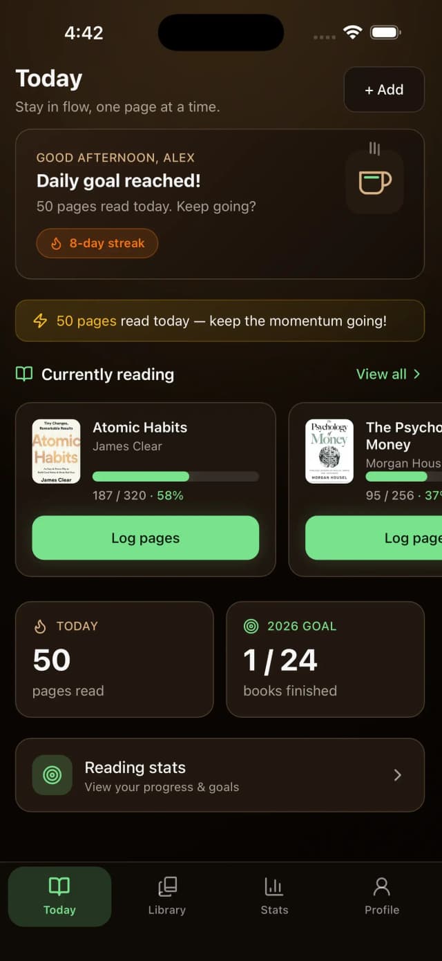 ReadBrew app home screen showing daily reading goals, streaks, and currently reading books