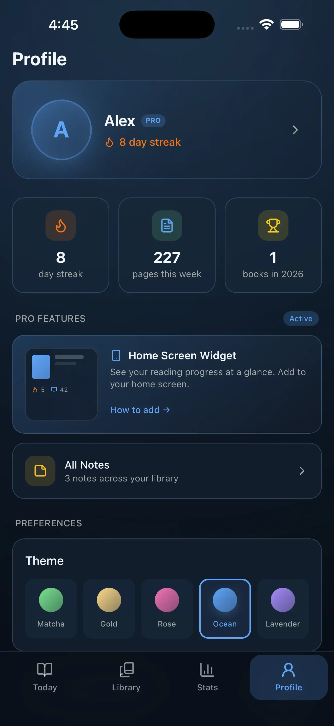 ReadBrew profile screen showing theme personalization with Matcha, Gold, Rose, Ocean, and Lavender options